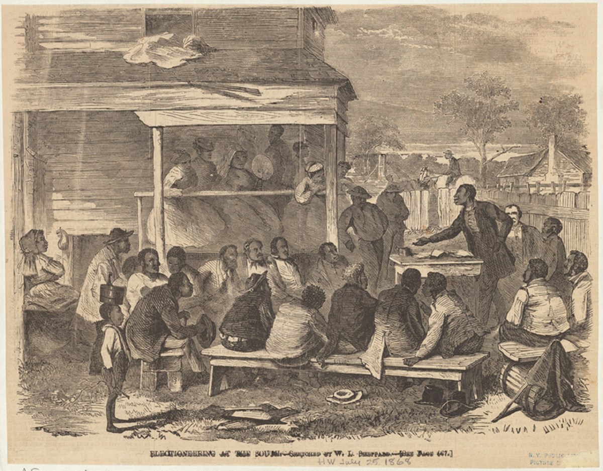 Electioneering in the South, circa 1868. Art and Picture Collection, The New York Public Library, https://digitalcollections.nypl.org/items/510d47e1-3fa3-a3d9-e040-e00a18064a99