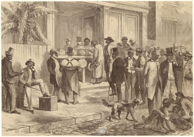 Freedmen Voting in New Orleans, circa 1867. Art and Picture Collection, The New York Public Library, https://digitalcollections.nypl.org/items/510d47e1-3fd9-a3d9-e040-e00a18064a99