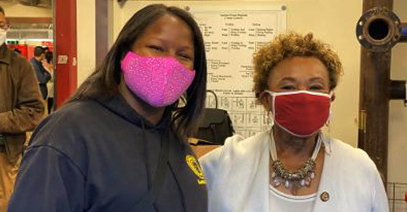 Rep. Barbara Lee with Meg-Anne Pryor, apprenticeship coordinator for Operating Engineers Local 3. Photo courtesy of Barbara Lee’s Press office.