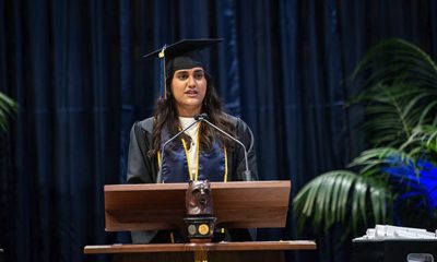 “We are part of a university that led the Free Speech Movement, a university that didn’t back down from a fight for justice, a university that, regardless of what the world said, marched forward for equality and justice,” student speaker Sahar Formoli told her fellow graduates. (UC Berkeley video)