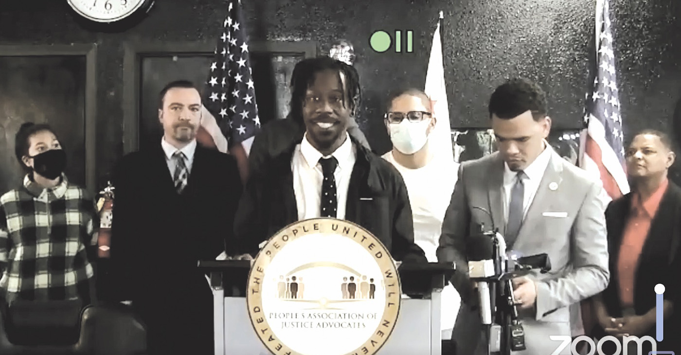 Jeffrey Thornton speaking at a press conference sponsored by the People’s Association of Justice Advocates who filed the suit against Encore Global last month. Photo is from a Zoom screen shot.
