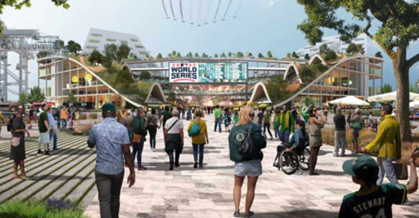 Rendering of proposed A's stadium at Howard Terminal. Image courtesy of UC Berkeley.