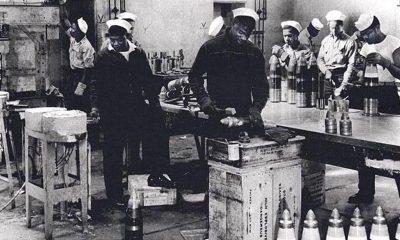 African American sailors of an ordnance battalion preparing 5-inch shells for packing at the Port Chicago Naval Magazine in 1943. The explosion occurred a year later. U.S. Navy photo.