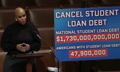 Massachusetts Congresswoman Ayanna Pressley speaking about cancellation of student debt Dec 5, 2021. Photo courtesy of California Black Media.