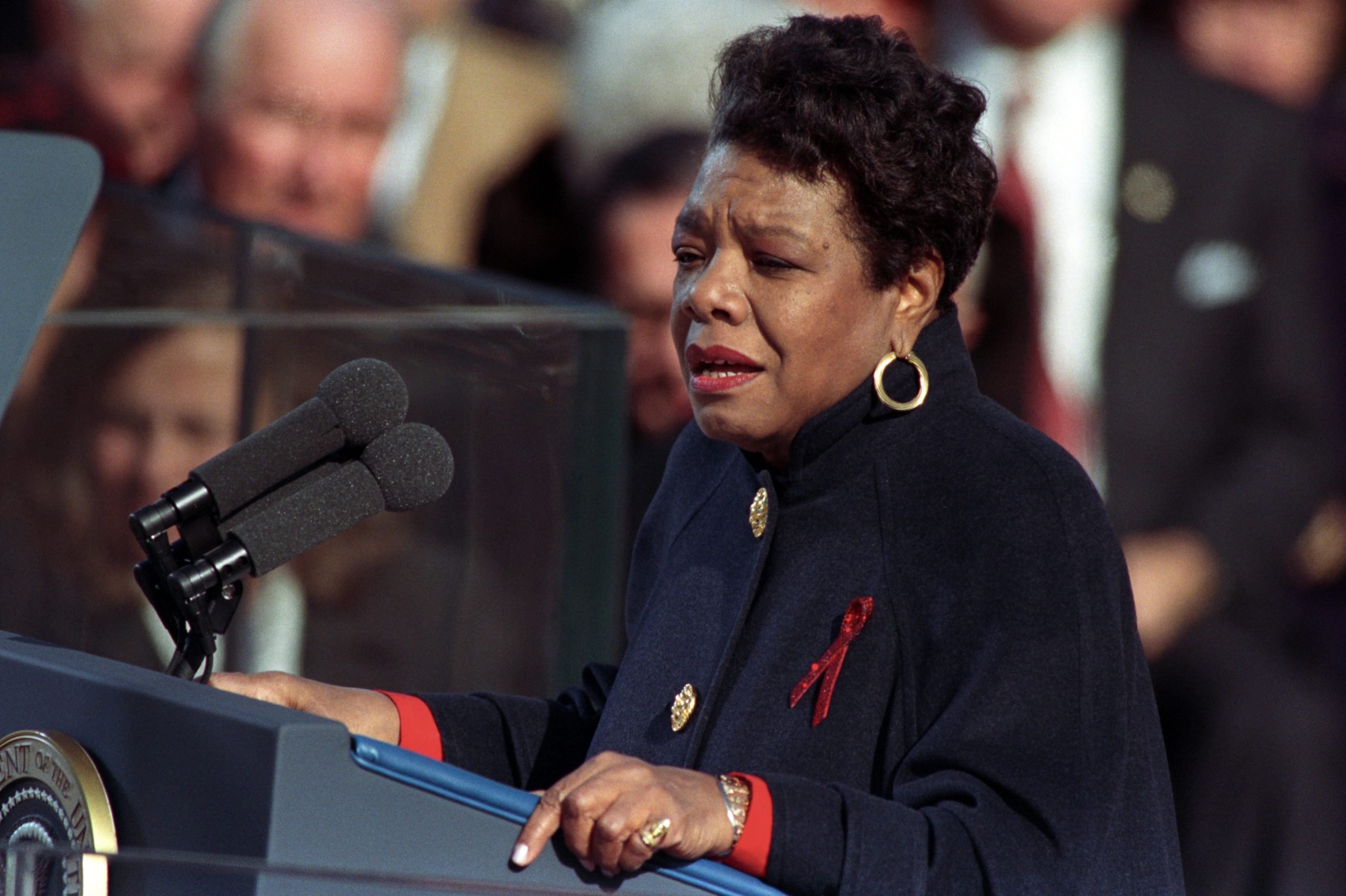 Maya Angelou reciting her poem "In the pulse of the morning" during the inauguration of President Bill Clinton in 1993.
