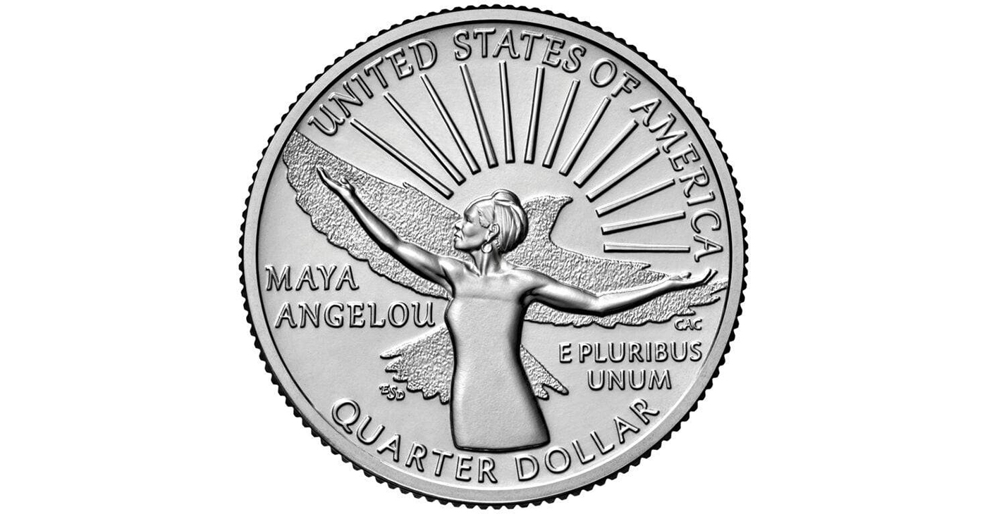 Maya Angelou as depicted on the tail side of a 2022 quarter and a portrait of her. U.S. Mint.gov and Facebook photos.