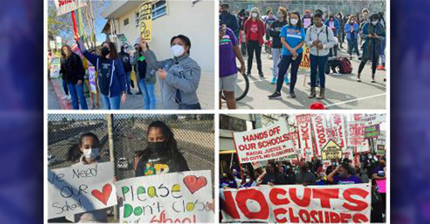 Protests to save neighborhood schools have taken place (from top left, clockwise): Parker Elementary, Prescott Elementary, teacher and community march in downtown Oakland and Brookfield Elementary. Photos from Facebook posts.