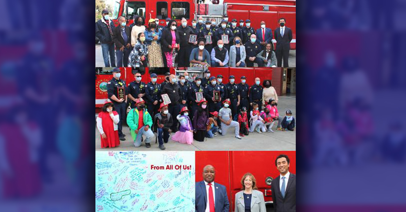 From top: The firemen with the adults. The firemen with the children. The very large thank you card. Bottom right: Otis Bruce, Marin Assistant District Attorney. Lori Frugoli, Marin County District Attorney. David Sutton, Marin County Public Defender. (Photos by Godfrey Lee)