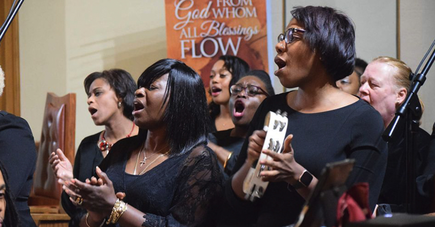 Members of the Voice of Praise Ensemble sing during Mass Nov. 17, 2019, at St. Therese of Lisieux Church in Brooklyn, New York, in celebration of November as National Black Catholic History Month. (CNS/The Tablet/Andrew Pugliese).