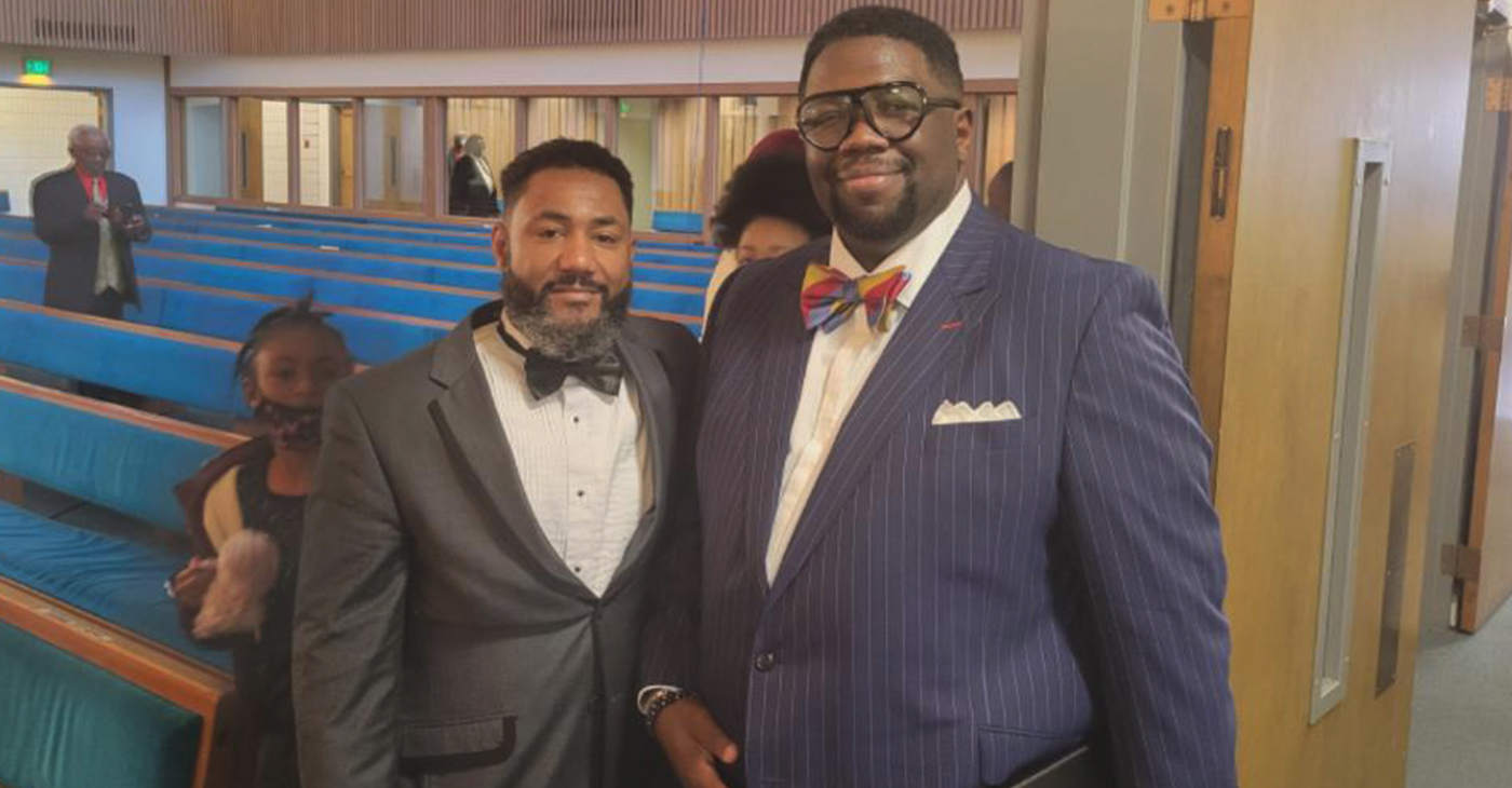 Robert Shaw, pastor of Bethel AME Church in San Francisco with his friend, the Rev. Marcus Dudley, head pastor at Kingdom Movement Community Church in Coffeeville, Miss., who was the guest speaker at Bethel’s 170th anniversary celebration. Photo by Lee Hubbard.