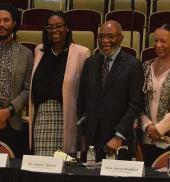 Six of the nine members of the California Task Force to Study and Develop Reparations Proposals for African Americans. From left to right are Don Tamaki, Jovan Scott Lewis, chair Kamilah Moore, vice-chair Dr. Rev. Amos Brown, Dr. Cheryl Grills, and California State Sen. Steven Bradford (D-Gardena). CBM photo by Antonio Ray Harvey.