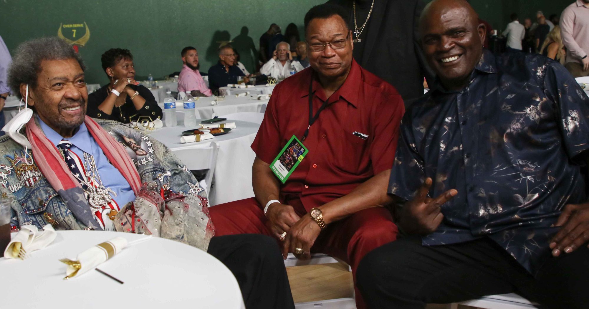 LEGENDS—Iconic boxing promoter and ‘Indefatigable Advocate for Freedom and Peace; Don King is joined by Hall of Fame heavyweight Larry Holmes and NFL Hall of Famer Lawrence Taylor at ‘The Fight for Freedom and Peace’ boxing extravaganza on June 11 at Casino Miami in South Florida. (Don King Productions Photos)