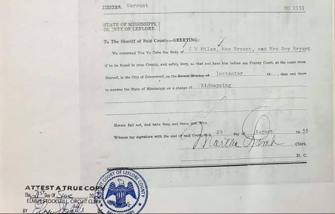 Here is a photo of 1955 warrant for "Mrs. Roy Bryant" courtesy Emmett Till Legacy Foundation.