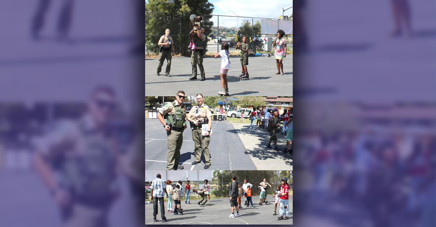 Top: Scotto lifting Aria, 7, so she can make her basketball shot. Middle: Sgt. Scotto and Dep. Gasparini of the Marin County Probation Department. Bottom: Scotto playing limbo. (Photos by Godfrey Lee)