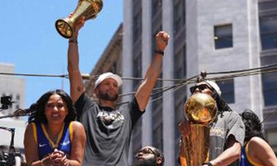 Warriors Greeted Like Heroes by Dub Nation Fans in S.F. About 1 million people crowded the Market Street Parade route in downtown San Francisco Monday as the Warriors celebrated the fourth championship in eight years. Alongside his wife, Ayesha, Steph Curry hoists his MVP trophy to the raucous glee of Dub Nation fans who traveled from as far away as Ohio, Texas, Seattle, Washington and Ontario, Canada. NBA photo.