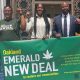 Some participants in the Emerald New Deal "END HARM" press conference at the Oakland City Hall (Left to Right) Ale Esparza, Gamila Abdelhalim, Councilmember Reid, Councilmember Taylor, Sara Chakri photo courtesy of Kiana Gums.