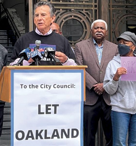 Councilmember Noel Gallo speaks at a press conference Wednesday, June 29, calling on the City Council to put public funding for the Oakland A's real estate development on the November ballot. Photo by Ken Epstein