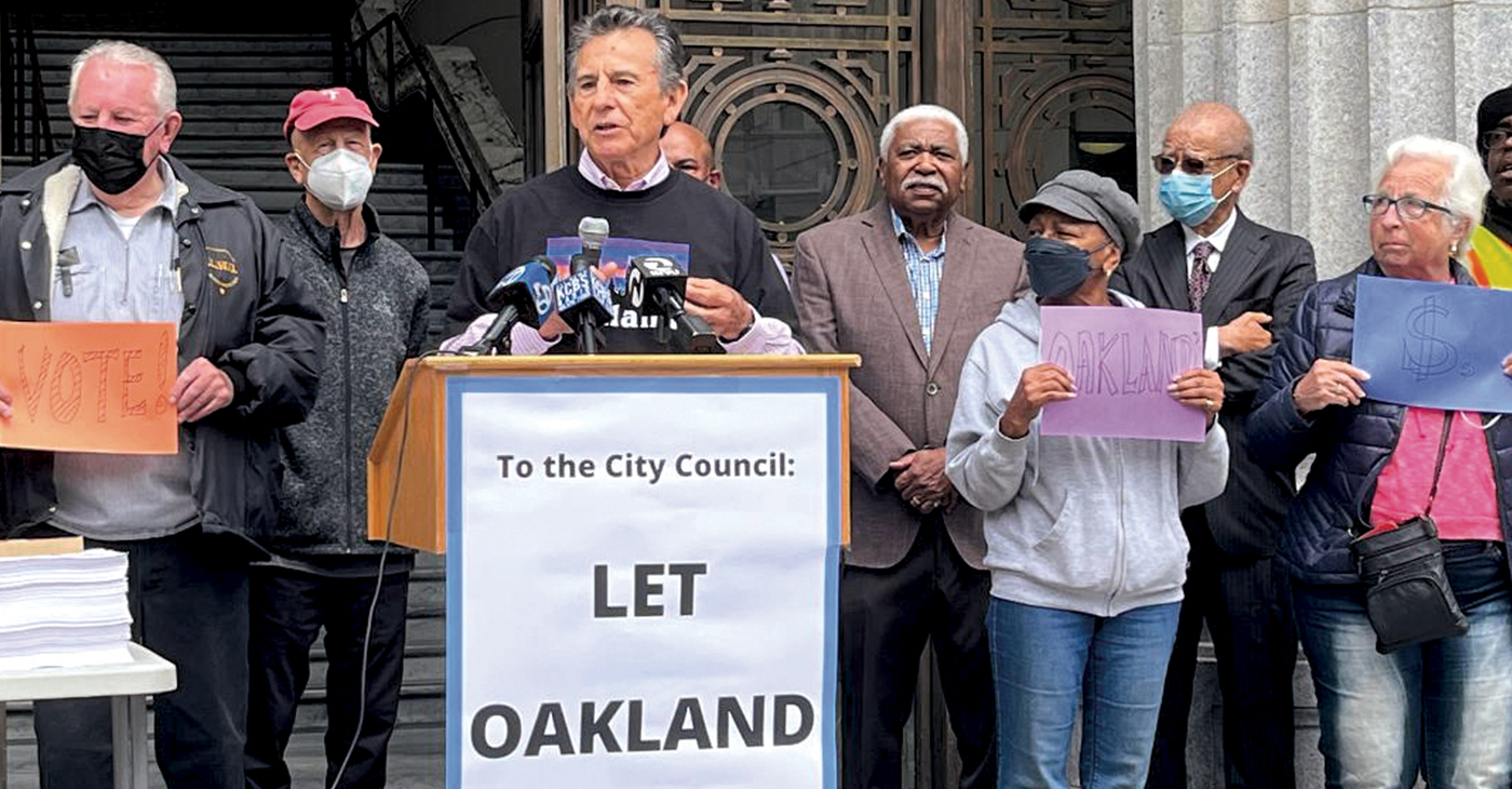 Councilmember Noel Gallo speaks at a press conference Wednesday, June 29, calling on the City Council to put public funding for the Oakland A's real estate development on the November ballot. Photo by Ken Epstein
