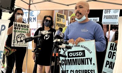 This Wednesday, protesters held a press conference, accusing the district of political repression and retaliation by firing two educators who have been active in the fight against school closures and in defense of Parker school.
