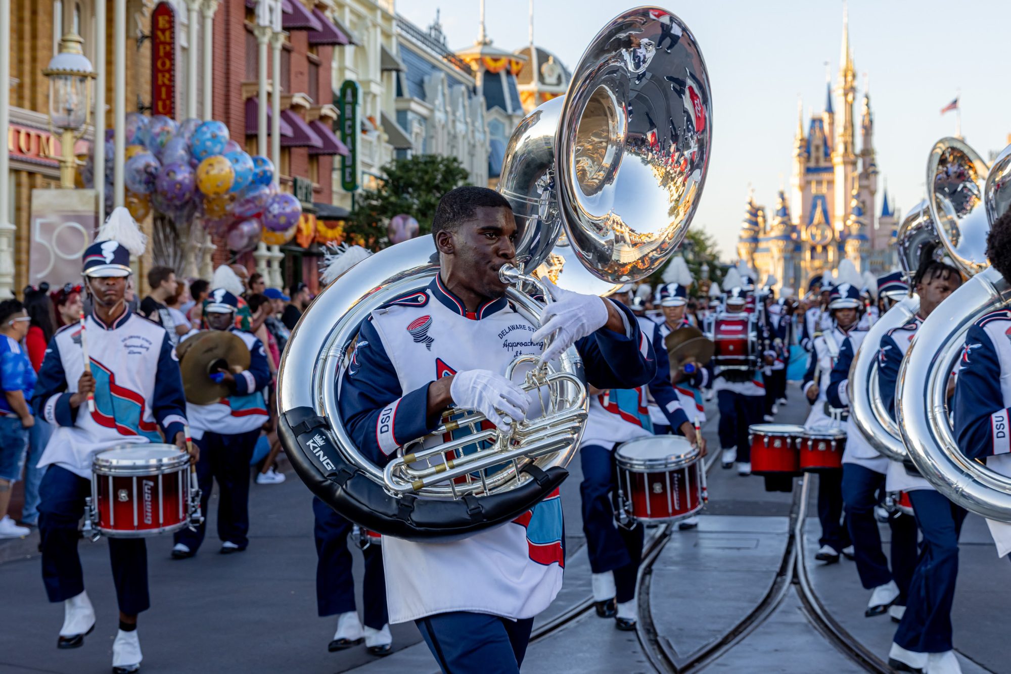 Winston-Salem State, North Carolina A&T State, Alcorn State and Delaware State marching bands served as honorary grand marshals, October 8, 2022, in two parades during HBCU Week at Magic Kingdom Park at Walt Disney World Resort in Lake Buena Vista, Fla. They thrilled guests as they traveled down Main Street, U.S.A., led by none other than Drum Major Mickey Mouse, who showed off his own show-stopping moves in his signature marching band uniform. (Courtney Kiefer, photographer).