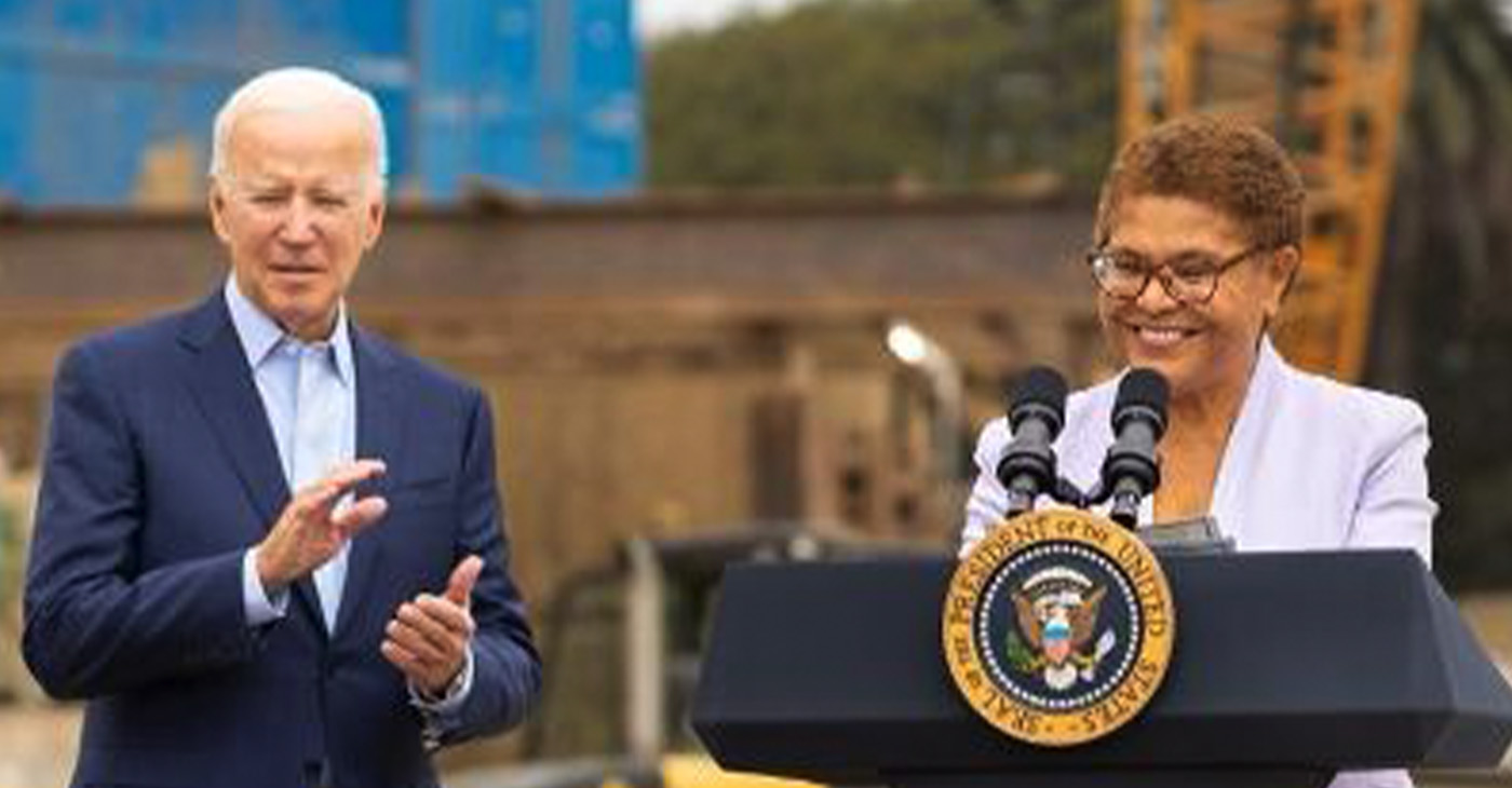 President Joe Biden stands with Congresswoman Karen Bass (D-CA) at a press conference on the Bipartisan Infrastructure bill on October 13. Photo by Maxim Elramsisy.