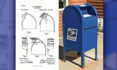 Caption: Philip B. Downing Letter Box patent and photo of USPS box. Public domain patent and public domain photo by Petr Kratochvil.