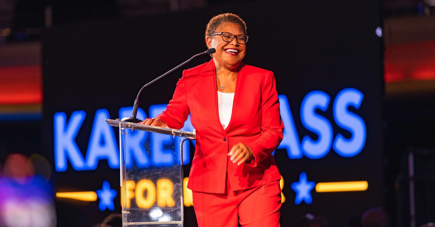 Mayor-Elect Karen Bass addressing supporters on election night, Nov. 8, 2022. Maxim Elramsisy, California Black Media