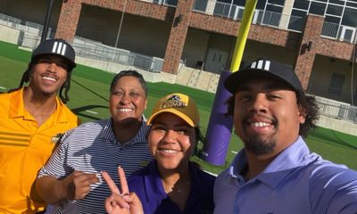 Mesha Levister (second from left) was at Memorial Park Golf Course to watch three of the players she coaches at Prairie View A&M University play in the pro-am at the Cadence Bank Houston Open.