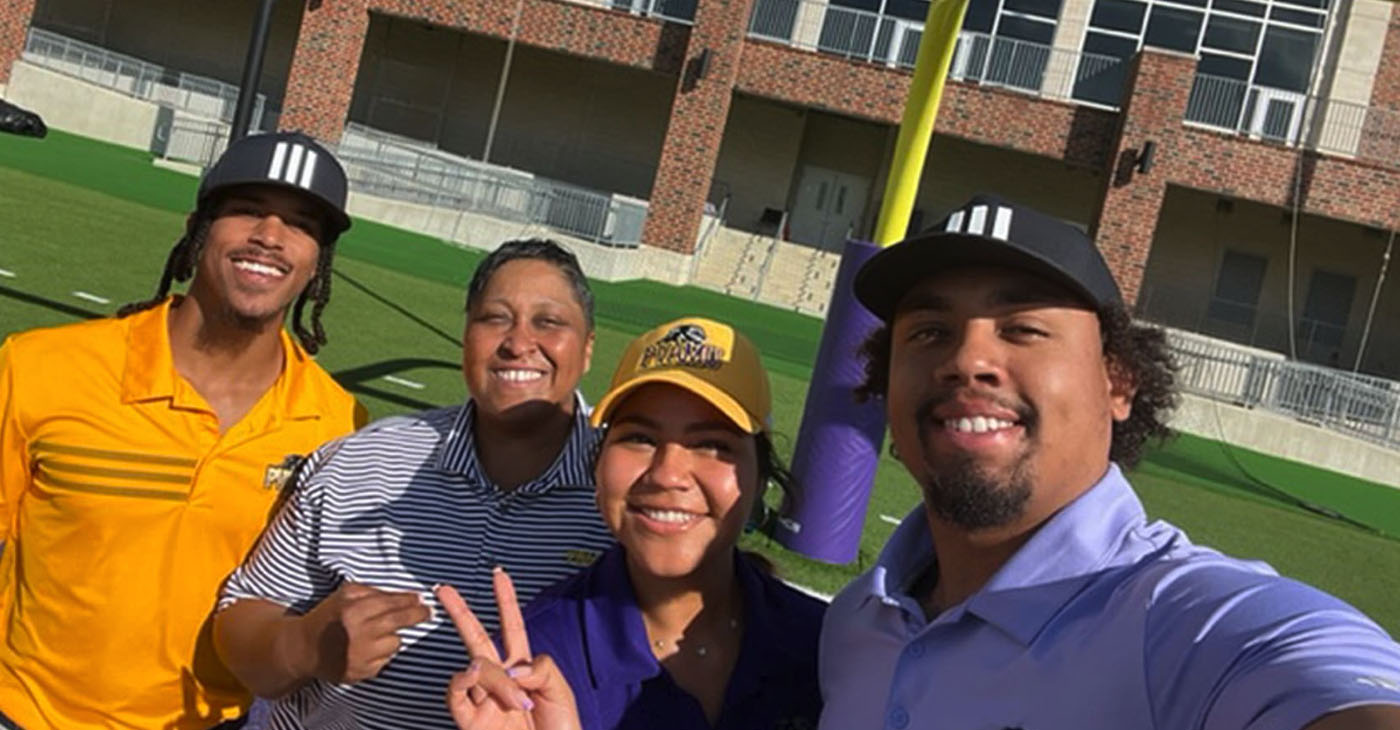 Mesha Levister (second from left) was at Memorial Park Golf Course to watch three of the players she coaches at Prairie View A&M University play in the pro-am at the Cadence Bank Houston Open.