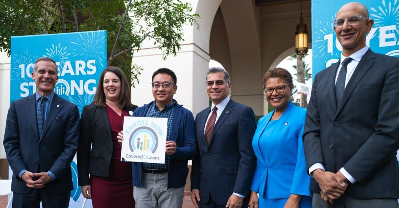 (Left to right) Los Angeles Mayor Eric Garcetti, Covered California Executive Director Jessica Altman, Covered California consumer Zhang Yue, Secretary of United States Department of Health and Human Services Xavier Becerra, Congresswoman Karen Bass, and Secretary of California Health and Human Services Agency Dr. Mark Ghaly launch the 10th open enrollment period for Covered California at Union Station in Los Angeles on Tuesday, November 1, 2022. Photo by Maxim Elramsisy.