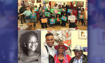 Top: The group displaying their finished tulip paintings. The man, in the lower right, displays his portrait of two of the participants. Bottom left: Starr Lamare before she was burned. (nydailynews.com) Bottom right: Olubori Babaoye, Cynthia Williams, and Starr Lamare. (Photo by Godfrey Lee)