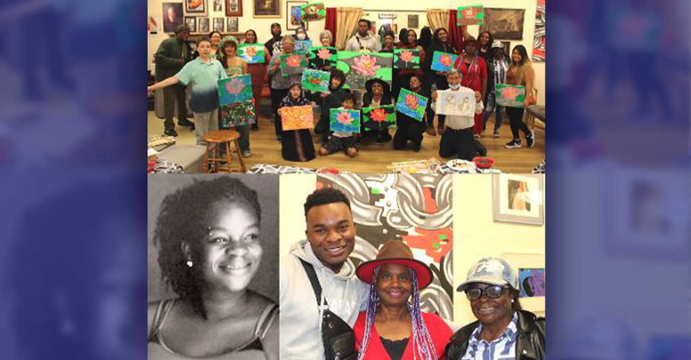 Top: The group displaying their finished tulip paintings. The man, in the lower right, displays his portrait of two of the participants. Bottom left: Starr Lamare before she was burned. (nydailynews.com) Bottom right: Olubori Babaoye, Cynthia Williams, and Starr Lamare. (Photo by Godfrey Lee)