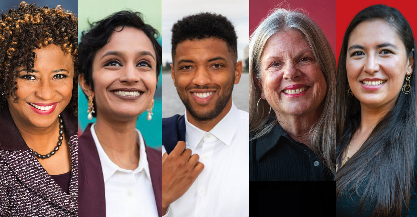 Trends in this week’s vote count indicate some potential winners (L to R): Pamela Price, District Attorney; Janani Ramachandran, City Council D-4; Kevin Jenkins, City Council D-6; Jennifer Brouhard, School Board D-2; and Valarie Bachelor, School Board D-6. Photos courtesy of the candidates.