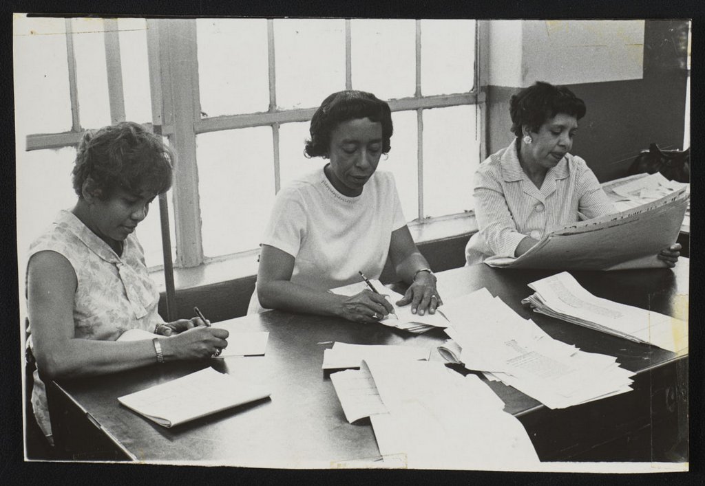 In 1976 the AFRO didn’t have digital spell check– they had (from left to right) Mesdames Bertha Jordan, Beatrice Wilson, proof room forelady, and Eva Barnes. Together they served the AFRO for a total of 60 years and made sure each page was free of errors. (AFRO File Photo)