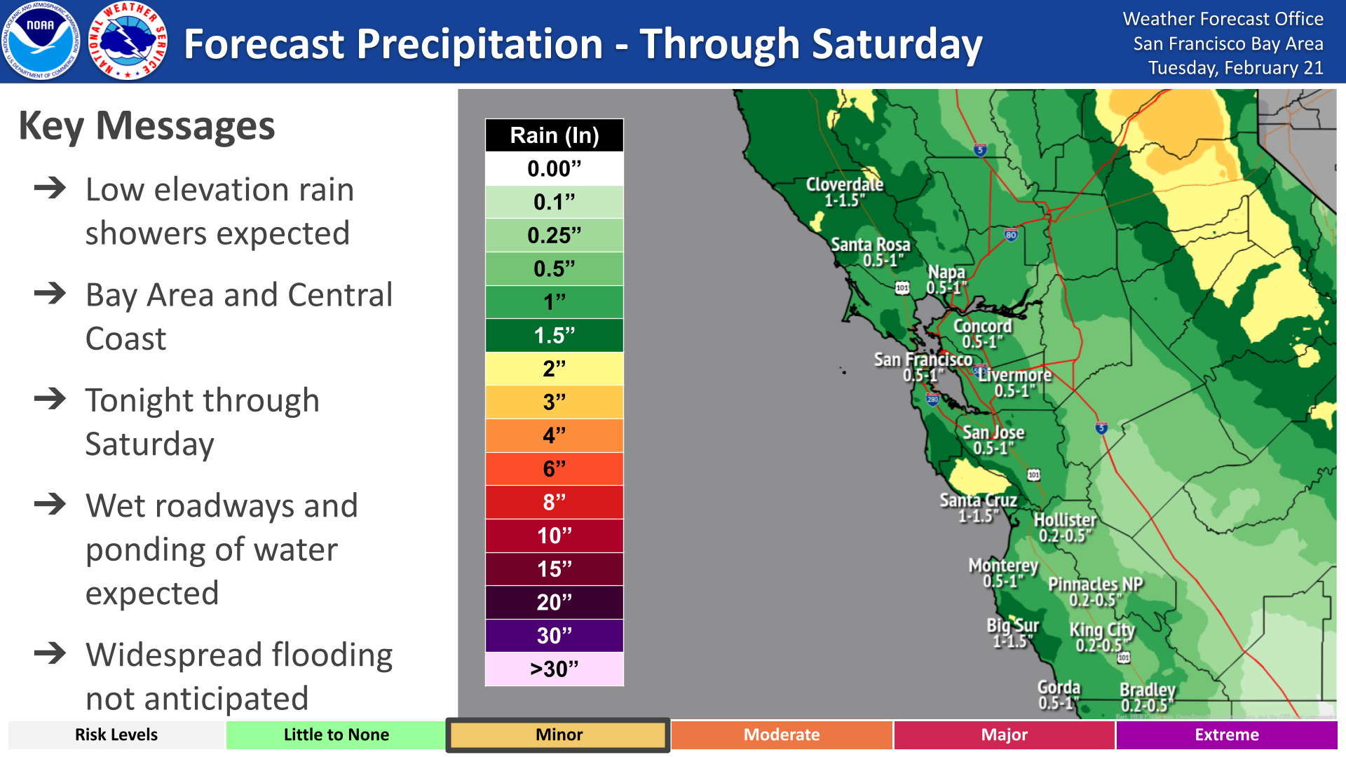 Map of potential rainfall totals in the Bay Area through Saturday, Feb. 25, 2023 (National Weather Service via Bay City News)