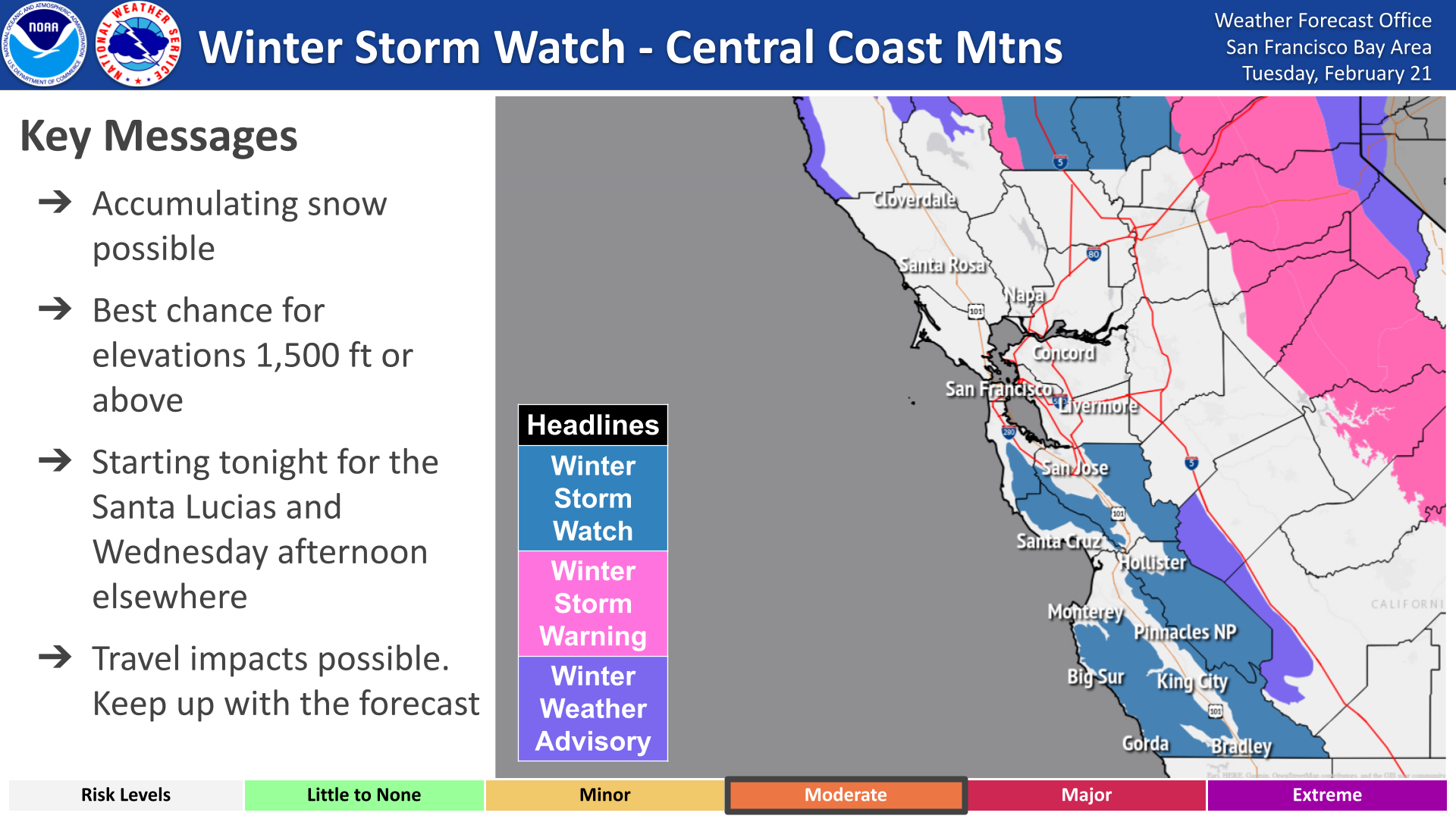 Map of a winter storm watch in effect in the Bay Area Wednesday, Feb. 22, 2023 (National Weather Service via Bay City News)