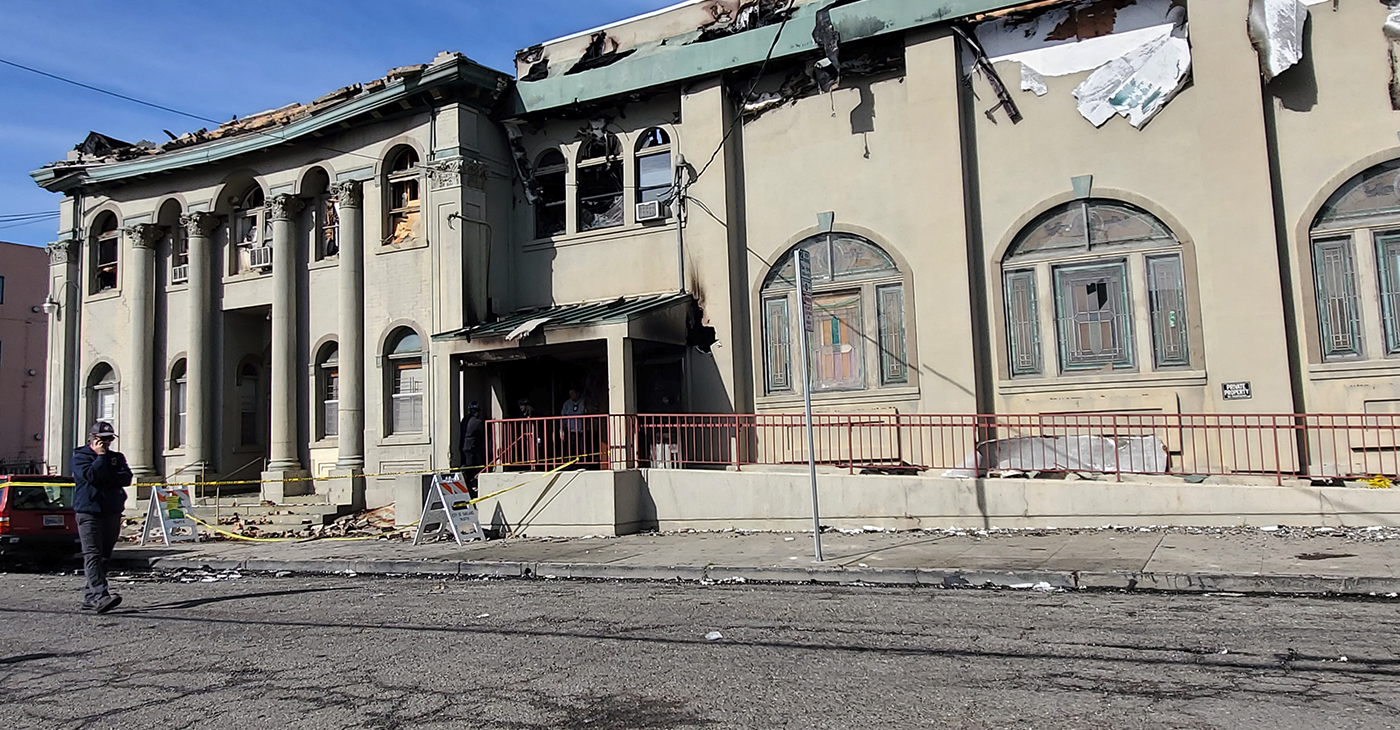 FAME, First African Methodist Episcopal Church near Telegraph and MacArthur was damaged by a 3-alarm fire late Sunday night, February 19. The cause of the fire is under investigation. Photo by Auintard Henderson.
