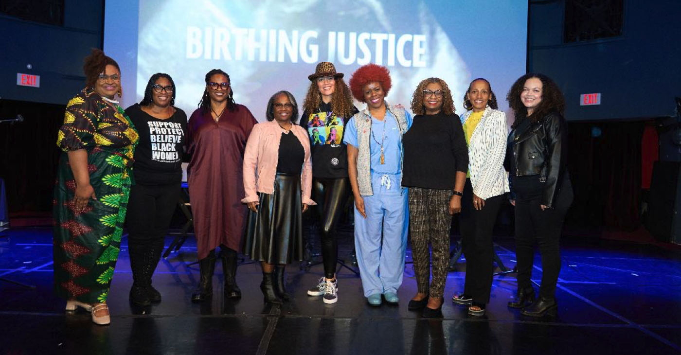 “Birthing Justice” film screening with community partners and advocates (l-r) Pastor Thembekila Smart, SCLC; Adjoa Jones, outreach and engagement coordinator for African American Infant/ Maternal Mortality Prevention Initiative; Debbie Allen of Tribe Midwifery; Leigh Purry of Blue Shield; Khefri Riley of Frontline Doulas; Dr. LaTanya Hines, Association of Black Women’s Physicians; Gloria Davis, Girls Club of Los Angeles; “Birthing Justice” Executive Producer Denise Pines; Gabrielle Brown of Black Women for Wellness.