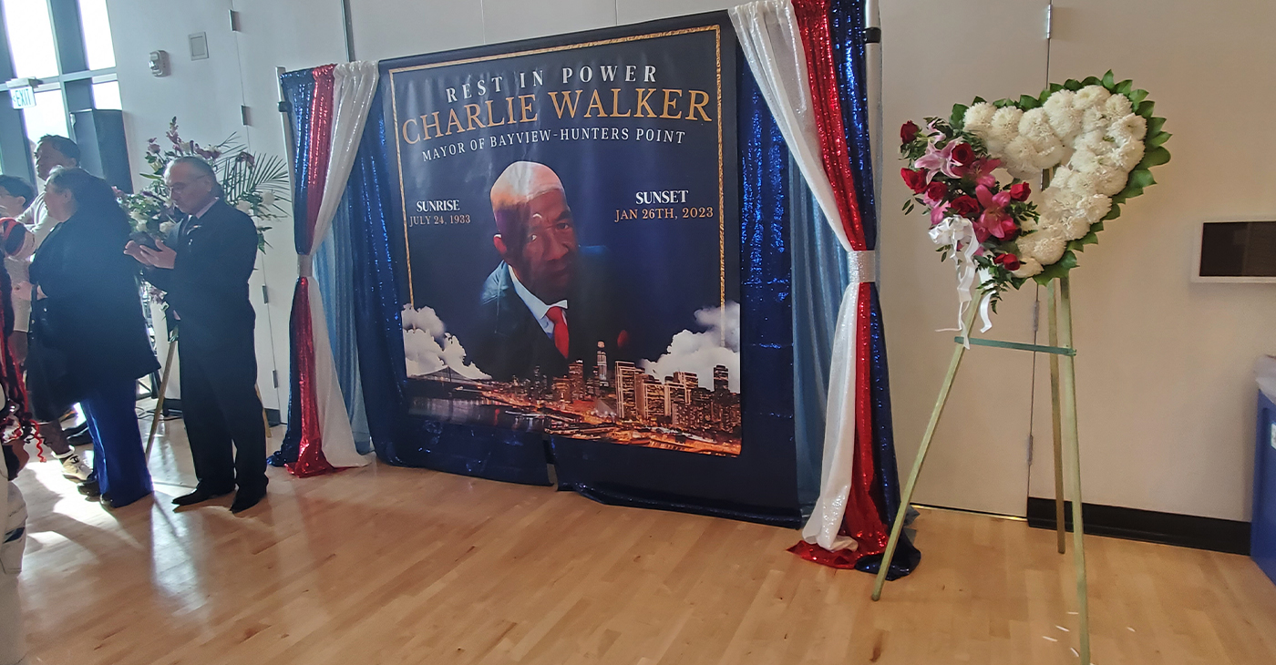Homecoming services of entrepreneur and community leader Charlie Walker at Third Baptist Church in San Francisco. Flowers formed letters spelling out Walker as the mayor of Bay View Hunters Point BVHP. Photo by Carla Thomas