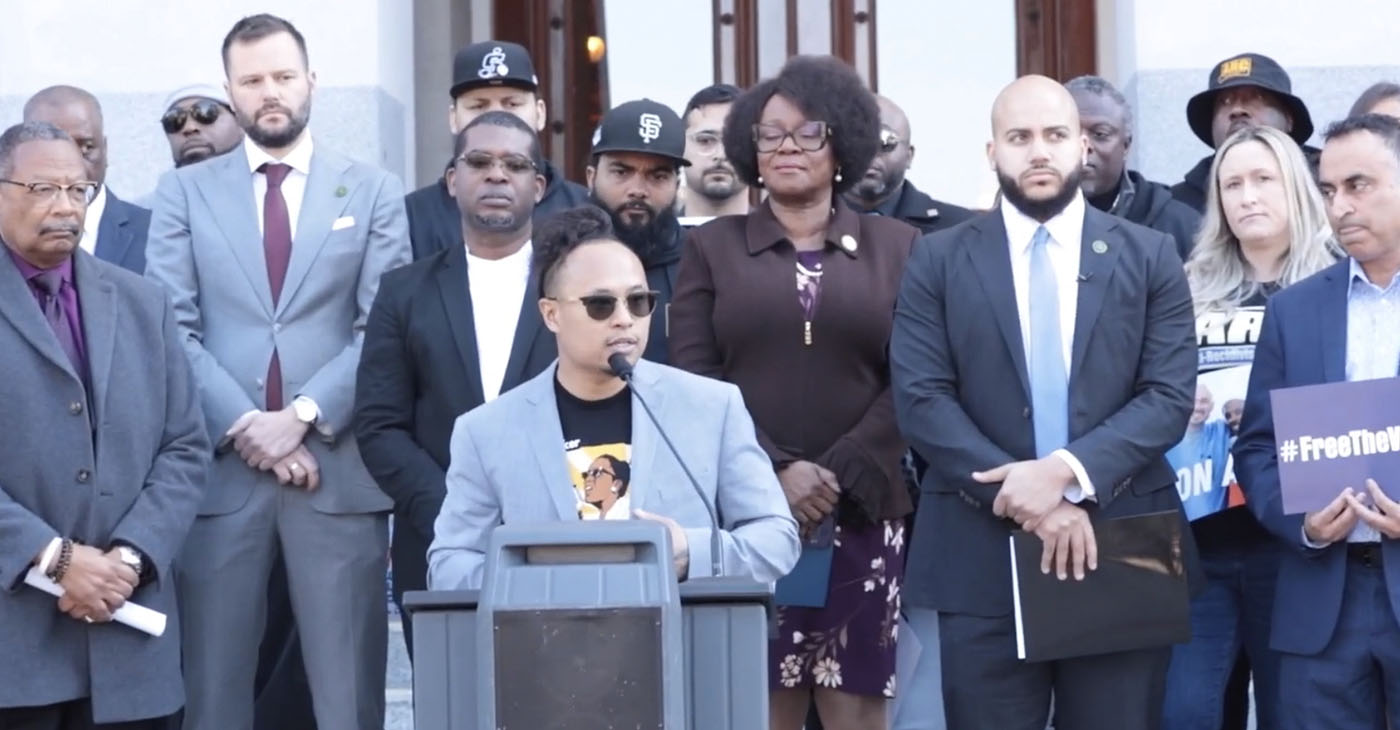 Assemblymember Isaac Bryan announces ACA 4 the Bill will restore the voting rights of people who are incarcerated across the state alongside advocates and supporters. Feb. 8, 2023. Screenshot photo.