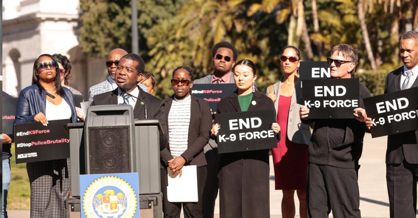 Assemblymember Corey Jackson (D-Riverside) speaks at a press conference at the state Capitol to announce the End K9 Force bill. Photo by Felicia Rule/CBM