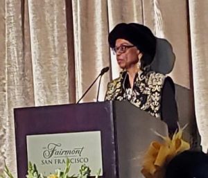 Dr. Veronica Hunnicutt praised her mother and Doris Ward in her keynote address for the National Coalition of 100 Black Women (NCBW) SF Golden Girls Hats and Gloves Tea. Photo by Carla Thomas.