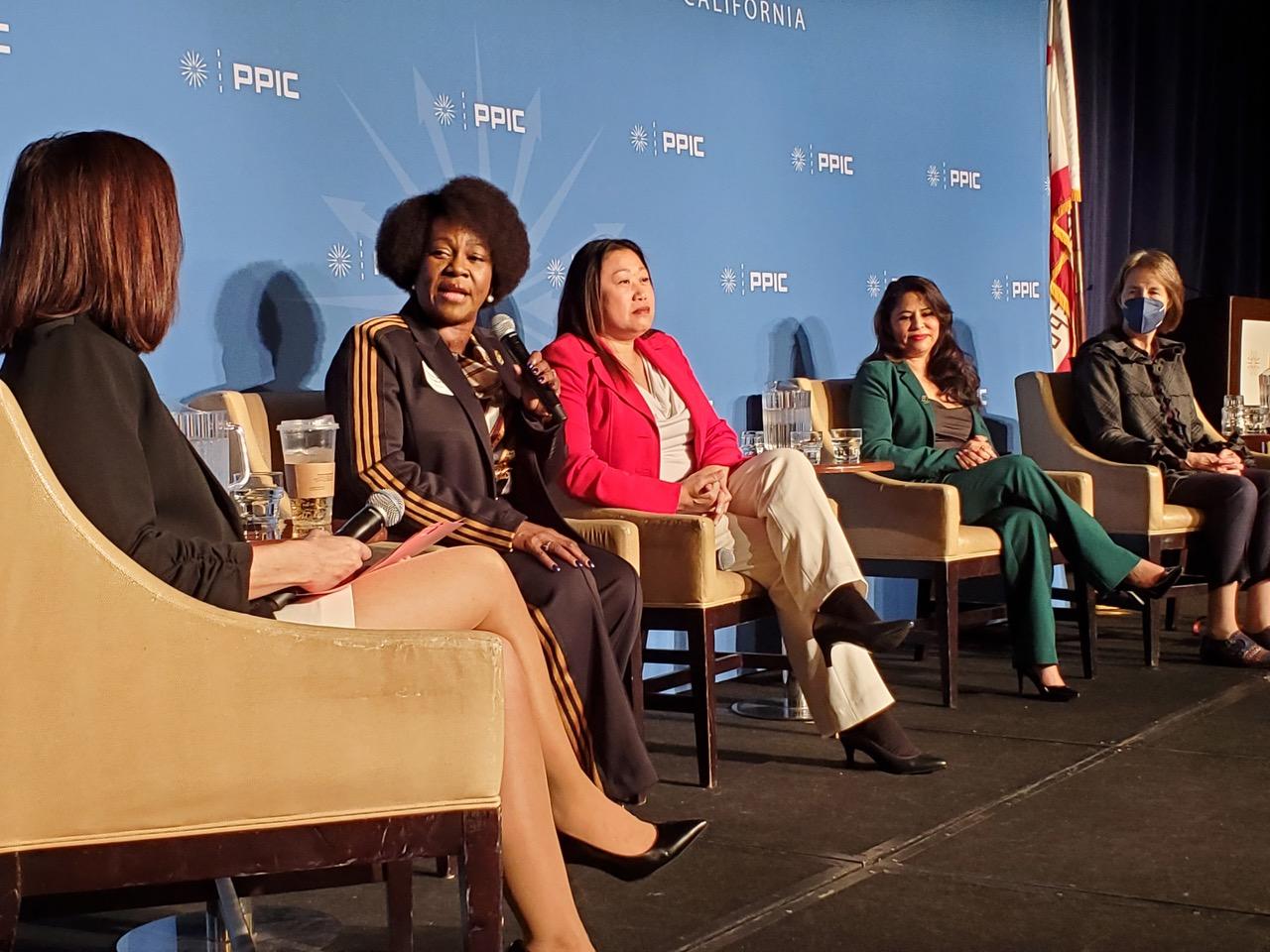 Left, Former Supreme Court Chief Justice Tani Cantil-Sakauye, PPIC’s president and chief executive officer, was the moderator of the event. Left to right, Assemblymember Tina McKinnor (D-Inglewood), District 61; state Sen. Janet Nguyen (R-Garden Grove), District 36; Assemblywoman Liz Ortega (D-San Leandro), District 20; and Sen. Nancy Skinner (D-Berkeley) of District 9. The Women in California’s Legislature event was hosted by PPIC in Sacramento on March 8, 2023. CBM photo by Antonio Ray Harvey.