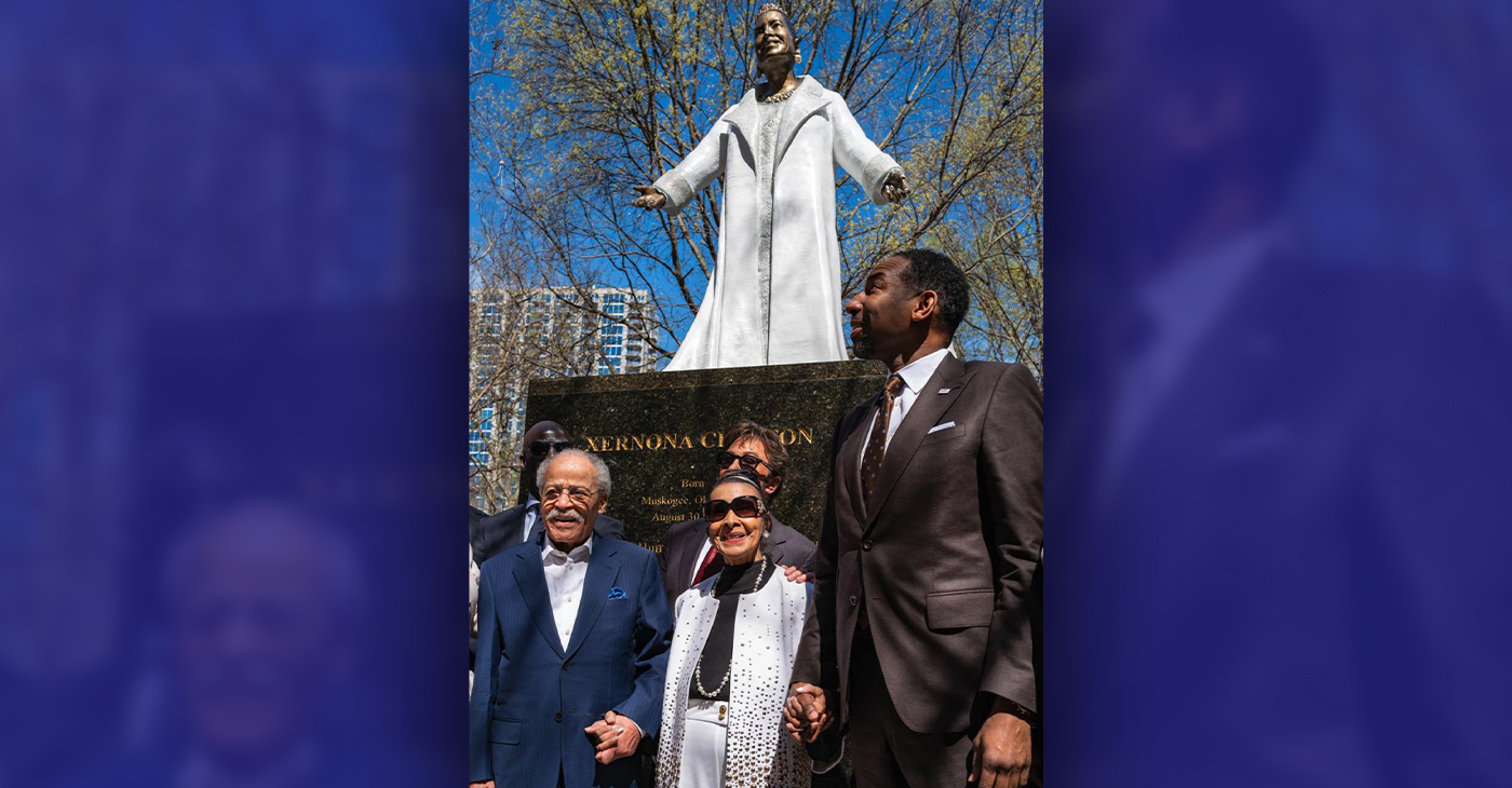 Xernona Clayton (center), Atlanta mayor Andre Dickens (right) and statue sculptor Ed Dwight as the statue of Xernona Clayton is unveiled in Downtown Atlanta, Georgia on Wednesday, March 8, 2023. Photo by Maxim Elramsisy, California Black Media.