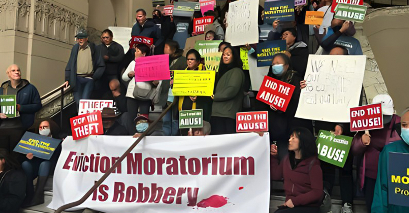 Landlords rally to end Oakland's eviction moratorium, enacted to protect renters during the pandemic, Tuesday, March 21 at Oakland City Hall. Photo by Ken Epstein