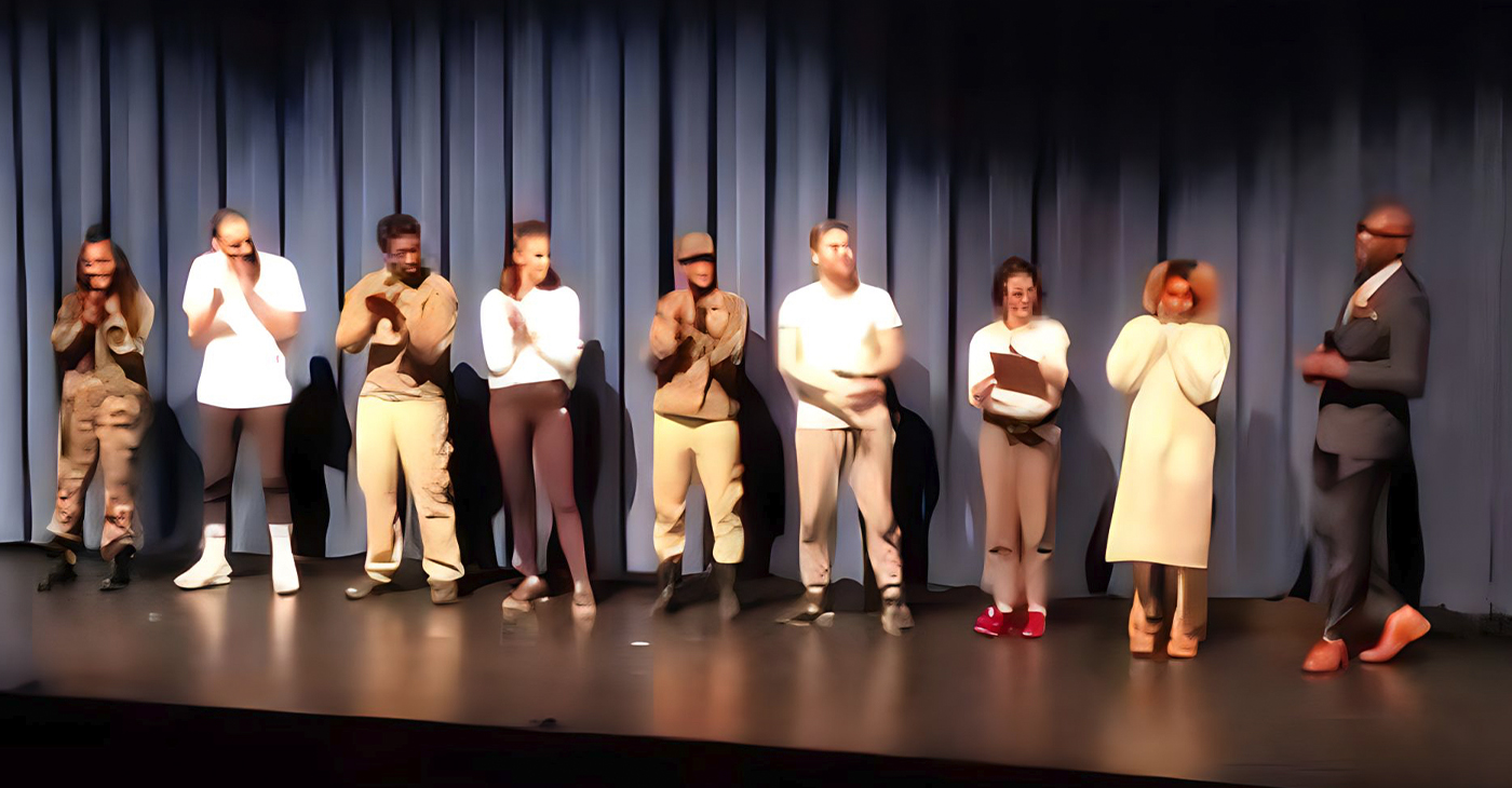 Actors in stage production “Unapologetically Black: Here to Facilitate Harm Reduction Services for Those in Need, Inc.” (l-r): Toni Rochelle, David Cesari, Ziare Whitelow, Christina Gluszaczak, Harley Ford, Cody Johnson, Shayna Howlett, Tyler Mae and Anthony Dixon. Photo by Carla Thomas.