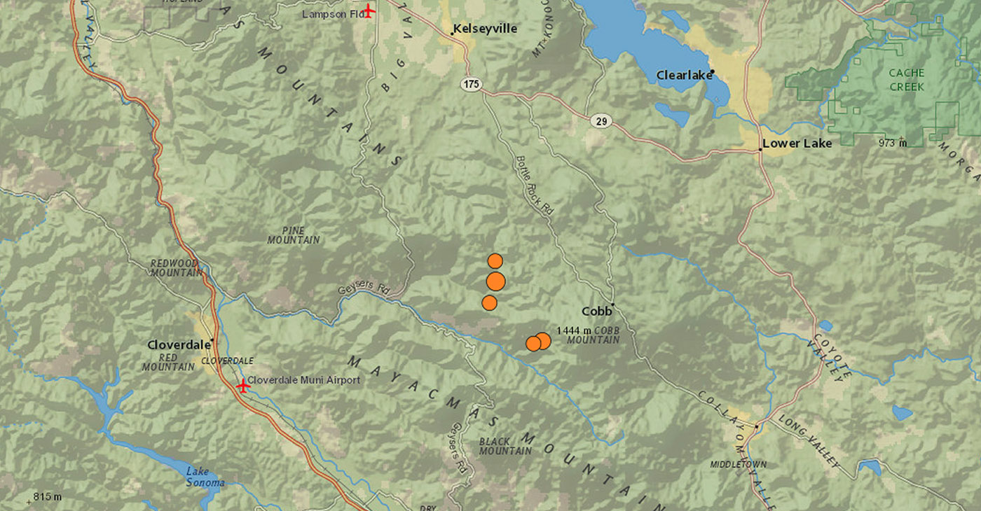 Orange circles mark the spots where five earthquakes of 2.5-4.4 magnitude struck within one hour late Tuesday, April 11, 2023, along the northern border of Sonoma County. (U.S. Geological Survey via Bay City News)