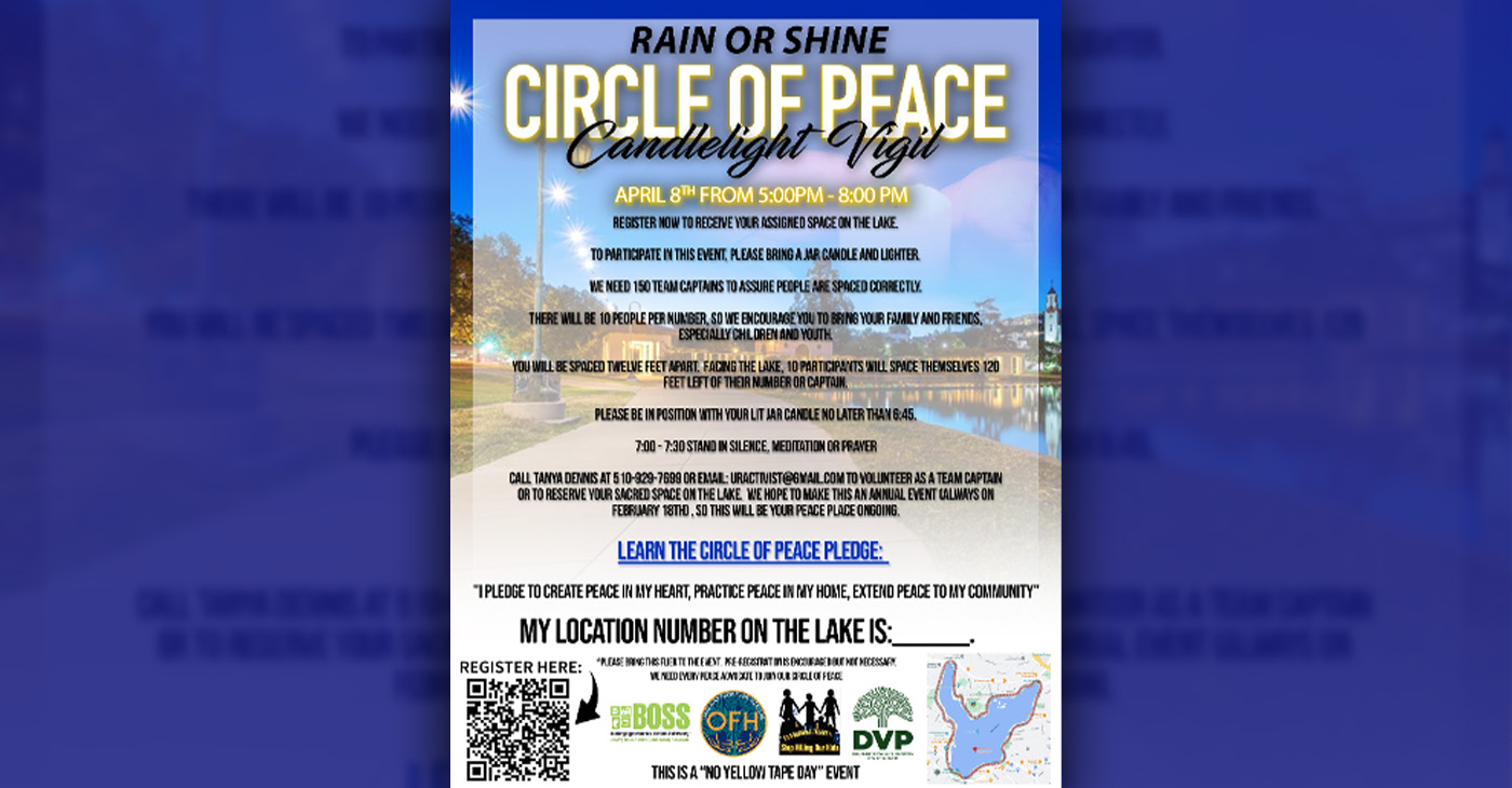 According to event coordinator Tanya Dennis, the intent of the Circle of Peace is to “shift Oakland’s energy from violence to one of peace.” The event will begin with the calling of ancestors via djembe drums, spoken word and music, followed by a press conference for city and county proclamations and words of support.