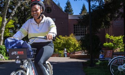 Olivia Mitchell returns after riding an e-bike across the campus during Rise ‘N’ Ride at University of the Pacific in Stockton, Calif., on April 1, 2023. (Harika Maddala/Bay City News/Catchlight Local)