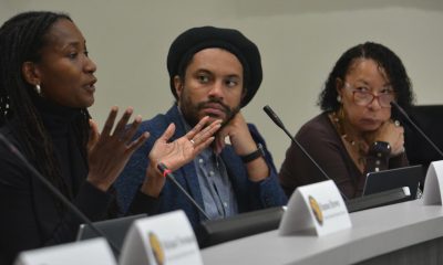 Shown left to right, California Reparations Task Force members civil rights attorney Lisa Holder, Dr. Jovan Scott Lewis, and Dr. Cheryl Grills at the 14th meeting in Sacramento, California, on March 29, 2023. The members of the task force were presented with an $800 billion amount from economic experts to cover harms in three categories. CBM photo by Antonio Ray Harvey.